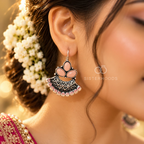 Peach floral oxidized jhumka earrings with fan-shaped engraved drops | SISTERHOODS-SHA256:e82a9e89f3930af9f2c833aa1a8f00c79ed89c4b67ebaba6d00224c4fcc0ee79