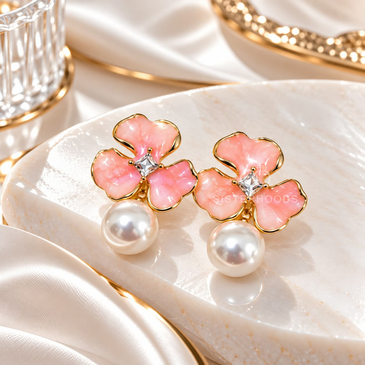 Pink petal cluster stud earring with a white pearl drop | SISTERHOODS-SHA256:ac1bbd4298dc6bfccbaef5df56d92fabbd69127a459ba974b1479a274525b3ee
