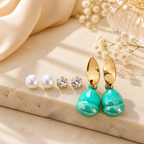 Three-pair earring set featuring pearl studs, crystal studs and aqua green drop earrings | SISTERHOODS-SHA256:914a26d5f1978d39a94da5332555cdb2e975b172854bad064b5a4a4522c4ef67