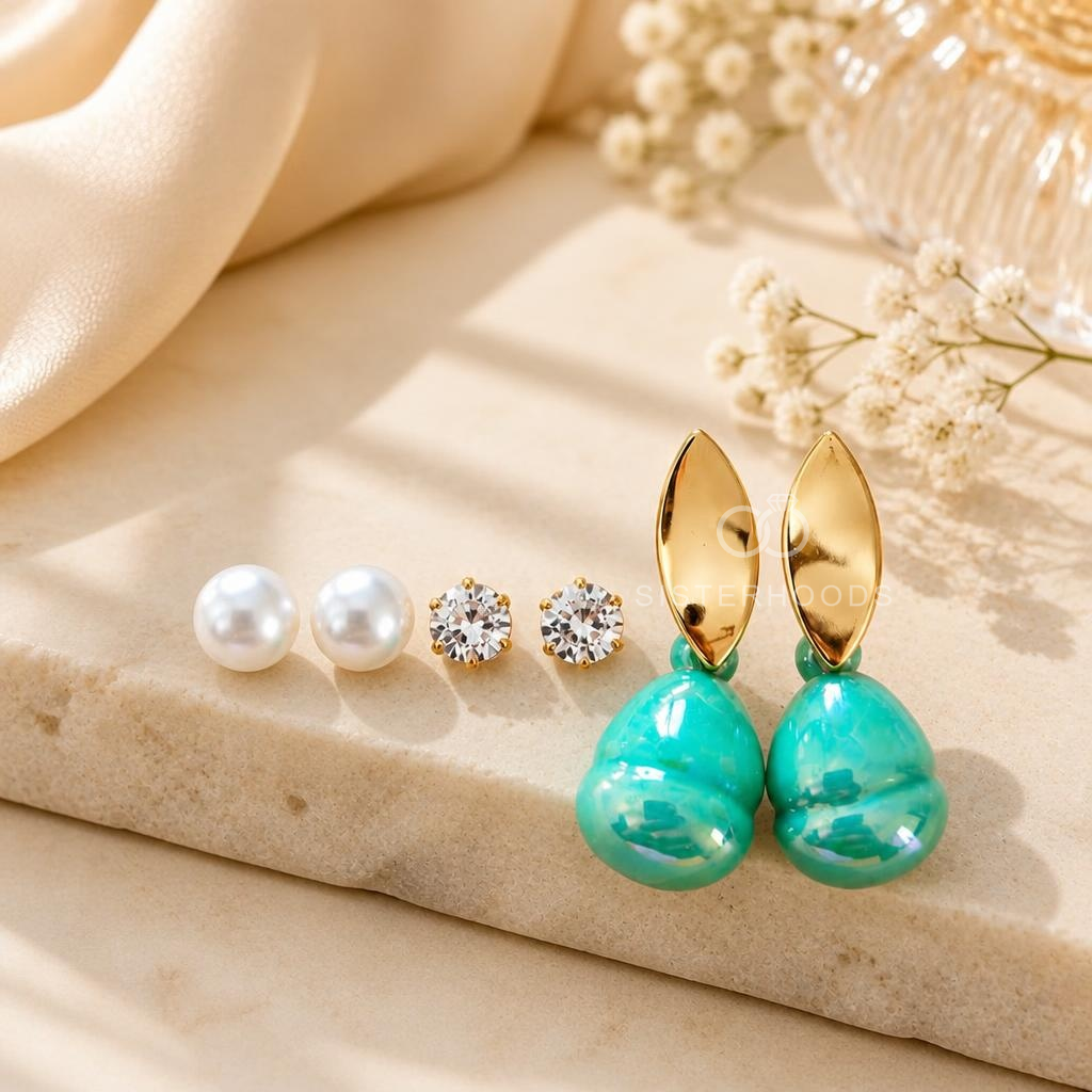 Three-pair earring set featuring pearl studs, crystal studs and aqua green drop earrings | SISTERHOODS-SHA256:914a26d5f1978d39a94da5332555cdb2e975b172854bad064b5a4a4522c4ef67