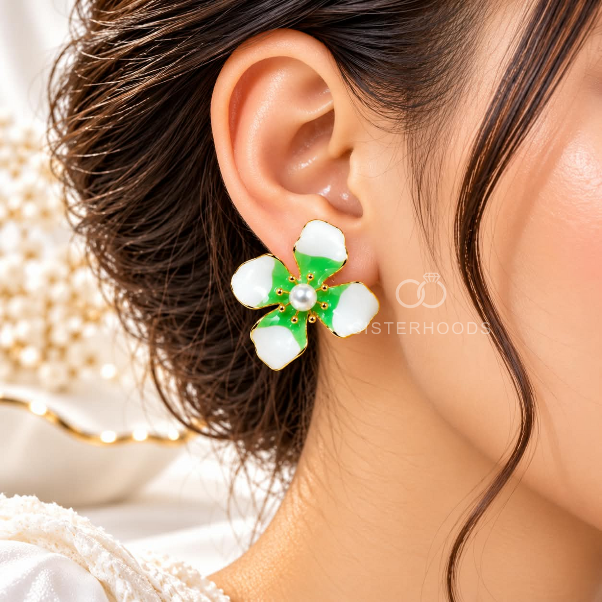 Green and white floral stud earrings with pearl-like centres and gold-tone detailing | SISTERHOODS-SHA256:697e2ff0955cb4d9a63b71f5c7143ec3f7a37b676b5fe6eb2d0e991aa14dc300