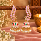 Pink paisley jhumka earrings with colourful accents and pearl fringe | SISTERHOODS-SHA256:cc8b044b2de1f03ba6892c0b3008e4d9396f40a7b82a260f3f3700f0a8a530c0