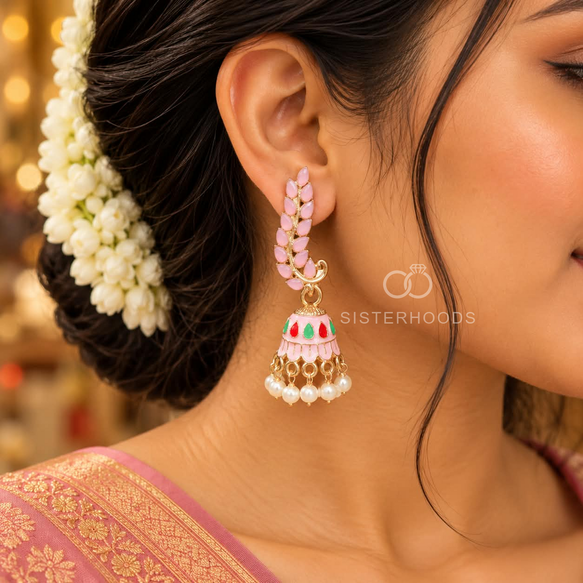 Pink paisley jhumka earrings with colourful accents and pearl fringe | SISTERHOODS-SHA256:0064155acafbd740553d00abcfaf888d12ecb1360ba799ca795b7bd19de12d24