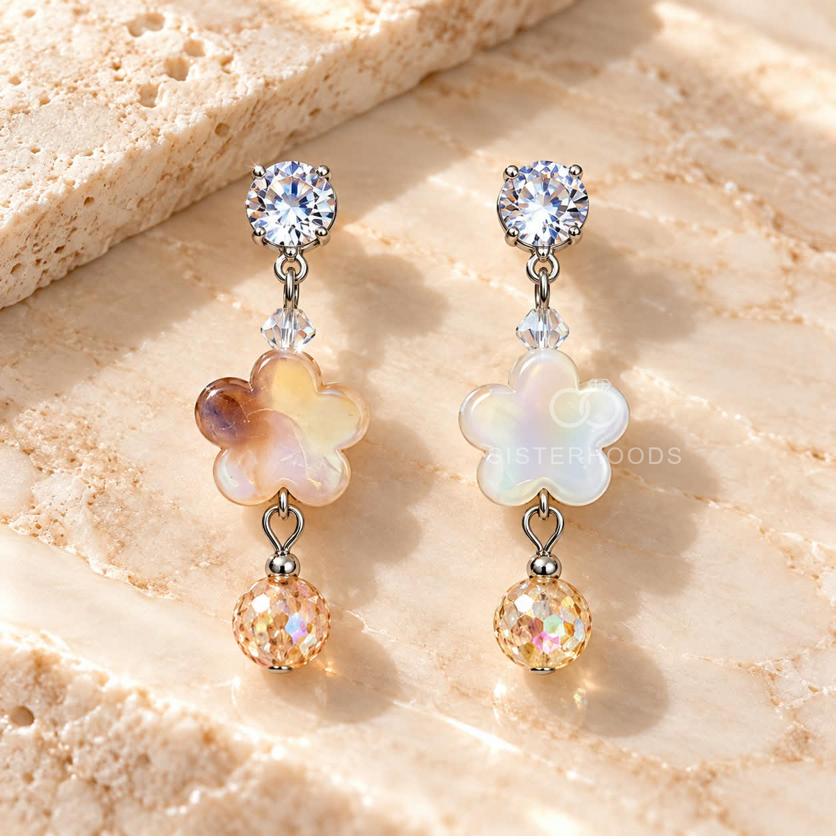 Iridescent flower dangle earrings with round accents and faceted beads | SISTERHOODS-SHA256:5c4c623d871ea9ca2b10c654400e3166bde5eb5d545002b1cdc2e9b9eaaa681e