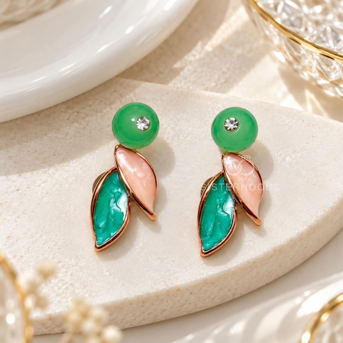 Green and pink leaf-shaped drop earrings with round green tops | SISTERHOODS-SHA256:786136d6caaff72f60913dc1597e30937908ea2d714395d0aeacaada17662247