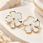 White blossom-shaped gold-tone stud earring worn on an ear | SISTERHOODS-SHA256:52b2abdd8d086ab35f509cdb13ed645dc6993129383a091c3f5c67b8f290c40a