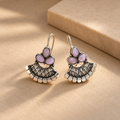 Silver oxidized dangle earrings with lavender floral stones and patterned fan details | SISTERHOODS-SHA256:66134a4f36fde695fef91e2fa7a96fa2711157ad6df160c6140bf2fb06f218d3