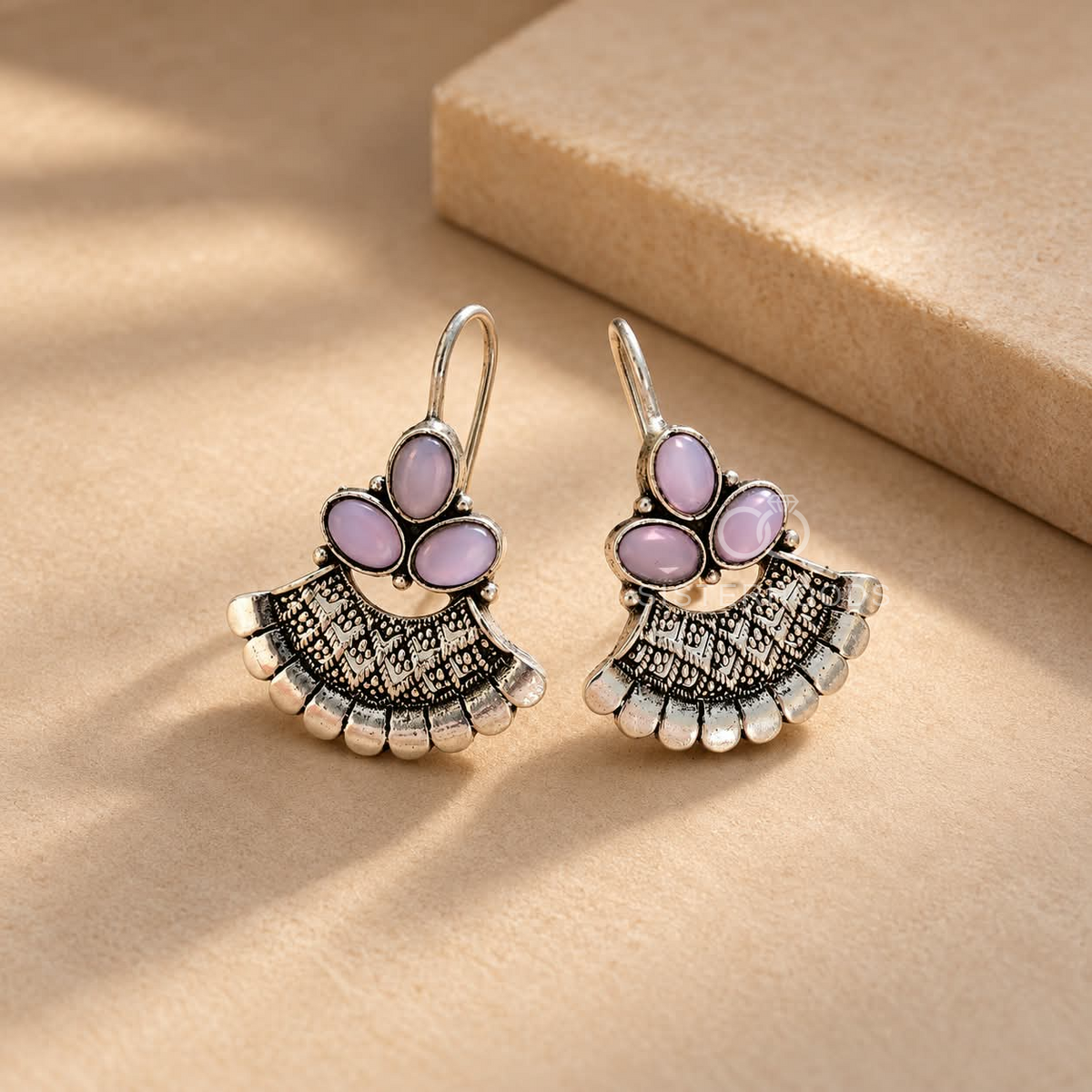 Silver oxidized dangle earrings with lavender floral stones and patterned fan details | SISTERHOODS-SHA256:66134a4f36fde695fef91e2fa7a96fa2711157ad6df160c6140bf2fb06f218d3