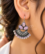 Silver oxidized dangle earrings with lavender floral stones and patterned fan details | SISTERHOODS-SHA256:c5b6507bb9fdd67b12cc3ef4a2a6d628f6d6ee4fb36ed22cbd9c8ecb9cb3458f