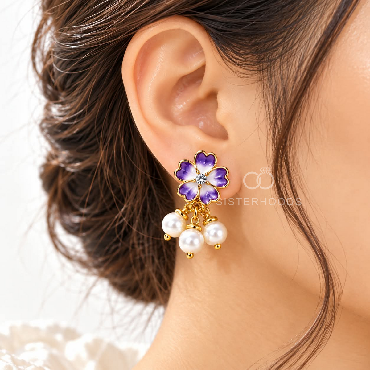 Purple flower dangle earrings with white pearl bead clusters | SISTERHOODS-SHA256:2529f1ca7ed54ab3990b0b866d2c984a42e58f13b911ff4ab8a3eb0b758ea699