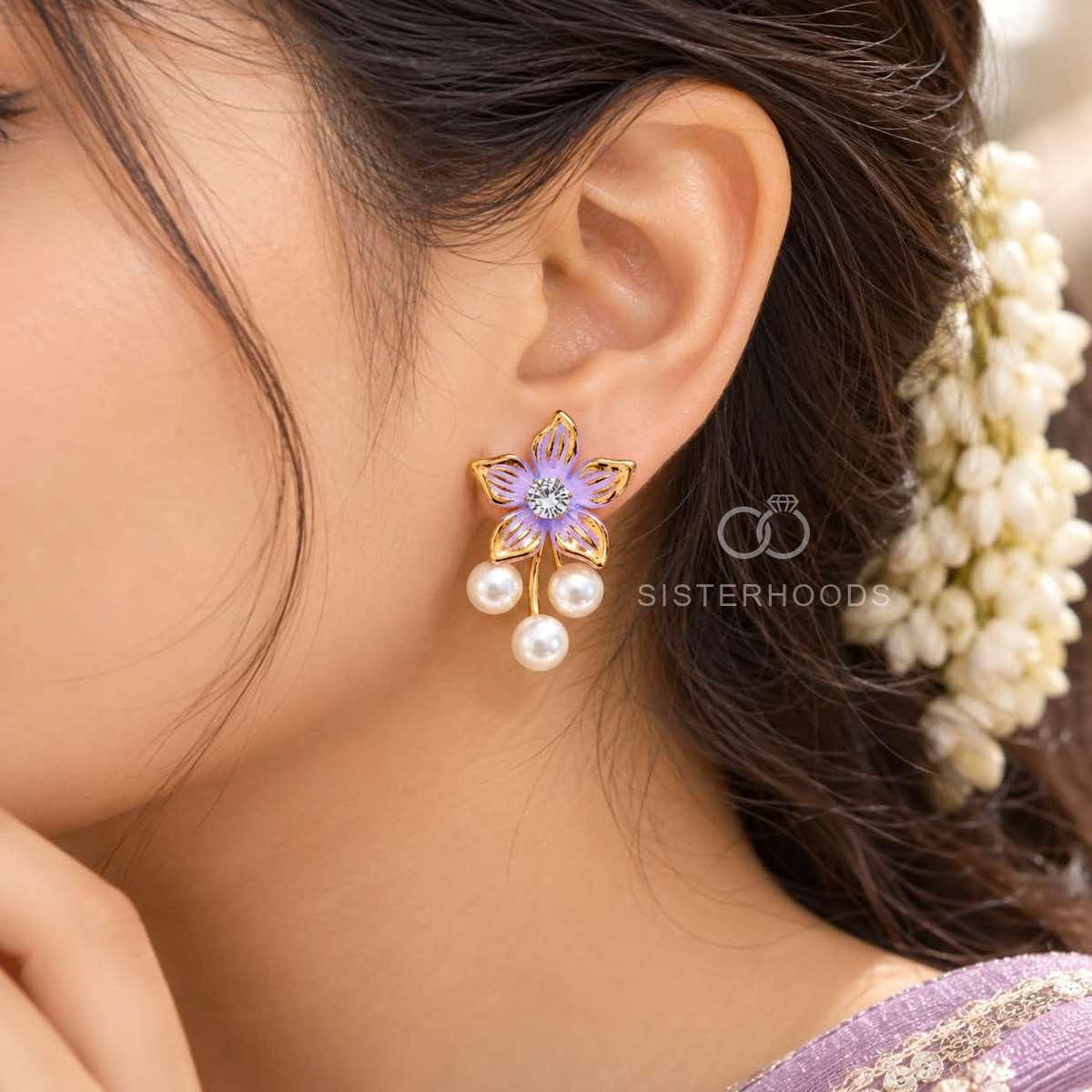 Lilac floral dangle earrings with sparkling centres and white pearl drops | SISTERHOODS-SHA256:846efb69ff2372cf9e0bfbe83dc5547f7d07cb8434d3a9724b667457b26587d4
