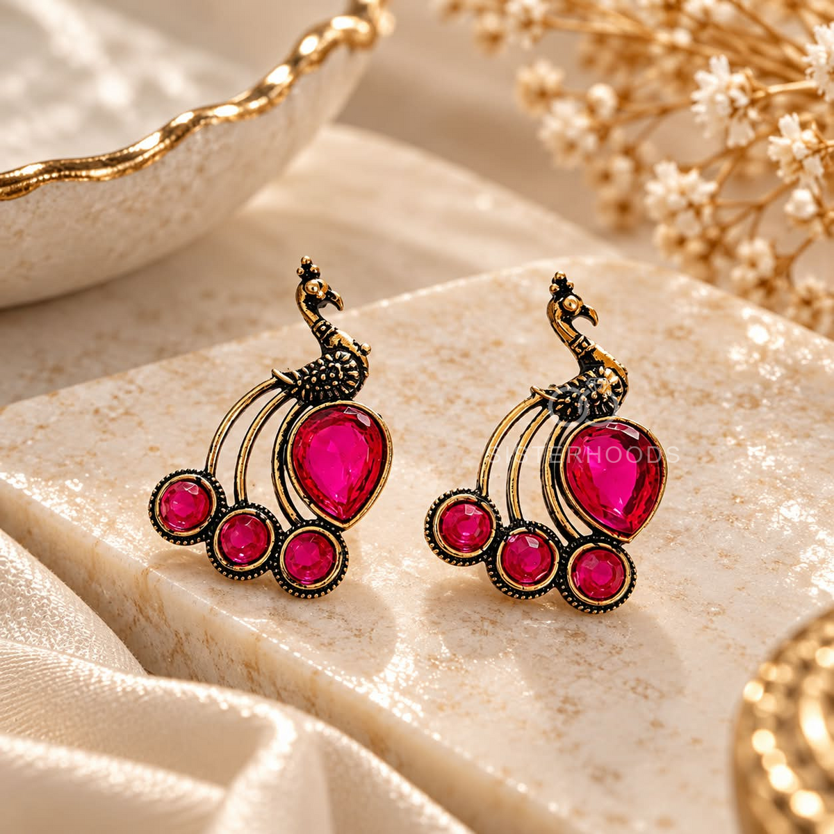Peacock-inspired oxidized dangle earring with pink accents and curved gold-tone details | SISTERHOODS-SHA256:3f3bf59223c846ed1b7b5be122d2d85c6035a06798406e4cf3e9cdfb5bc18457