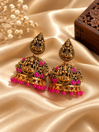 Ornate Lakshmi motif jhumka earrings with pink bead fringes | SISTERHOODS-SHA256:1c5712a9e1ba774750f6c3744d04fba640eb55f3ecce4042f4710f5a79b642ee
