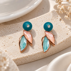 Multicolour Korean dangle earrings with teal, blush and aqua leaf-shaped details | SISTERHOODS-SHA256:0a4dc0c19c75791ee70c12782a0a3936341d1f6fdb97522009cc345acfd7ab54