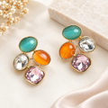 Multicolour cluster stud earrings with teal, orange, clear and pink stones in gold-tone frames | SISTERHOODS-SHA256:76224e80e9d8d73265fdce433df7f14e987b61bc555330189ef1a58e24e0f214