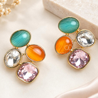 Multicolour cluster stud earrings with teal, orange, clear and pink stones in gold-tone frames | SISTERHOODS-SHA256:290f79518723cdb4b4b2aae47e90e89e4caff45f39349f3434d2678ce8e670c8