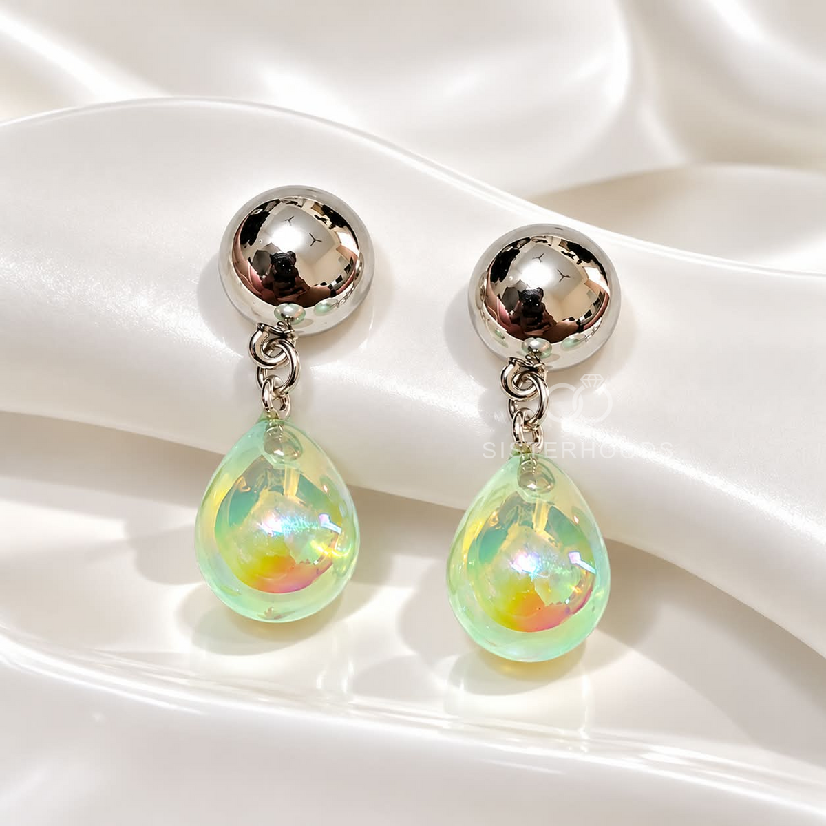 Silver-tone Korean dangle earrings with iridescent mint teardrop charms | SISTERHOODS-SHA256:7bb33b75fe7563a4018f398f166b6f87dd641cf5c5716e20592821bb406a547a