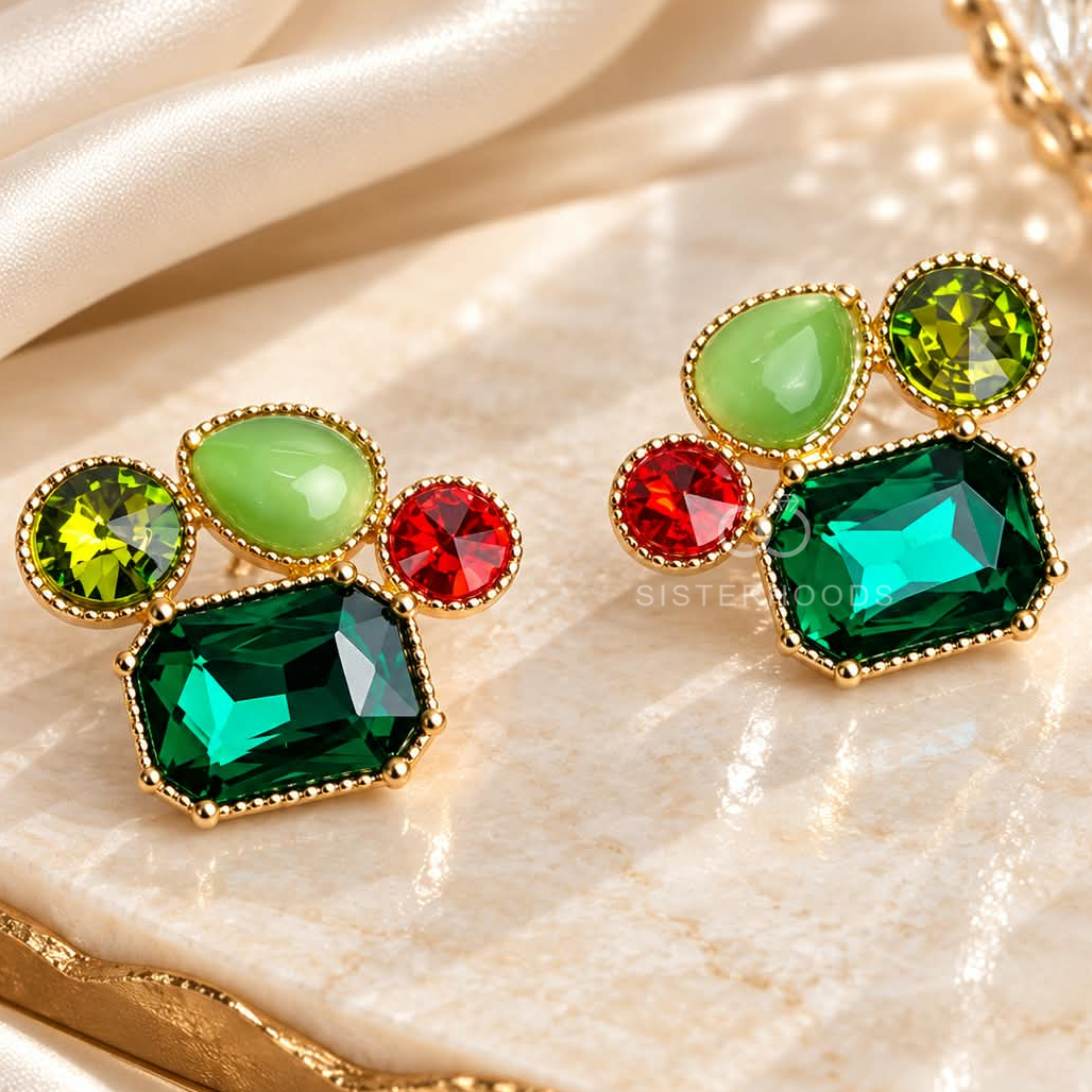 Colourful geometric dangle earrings with green, teal, red and lime faceted accents | SISTERHOODS-SHA256:e561d60fb30f27745866057a9da5c058b15dad784d0a8d4063dcc537f42303a5