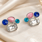 Multicolour geometric stud earrings with blue, pink, turquoise and clear faceted accents | SISTERHOODS-SHA256:3efd7037a077a6c5571fba845e72359841ef7fad217bd3b9cbf34d607d49945f