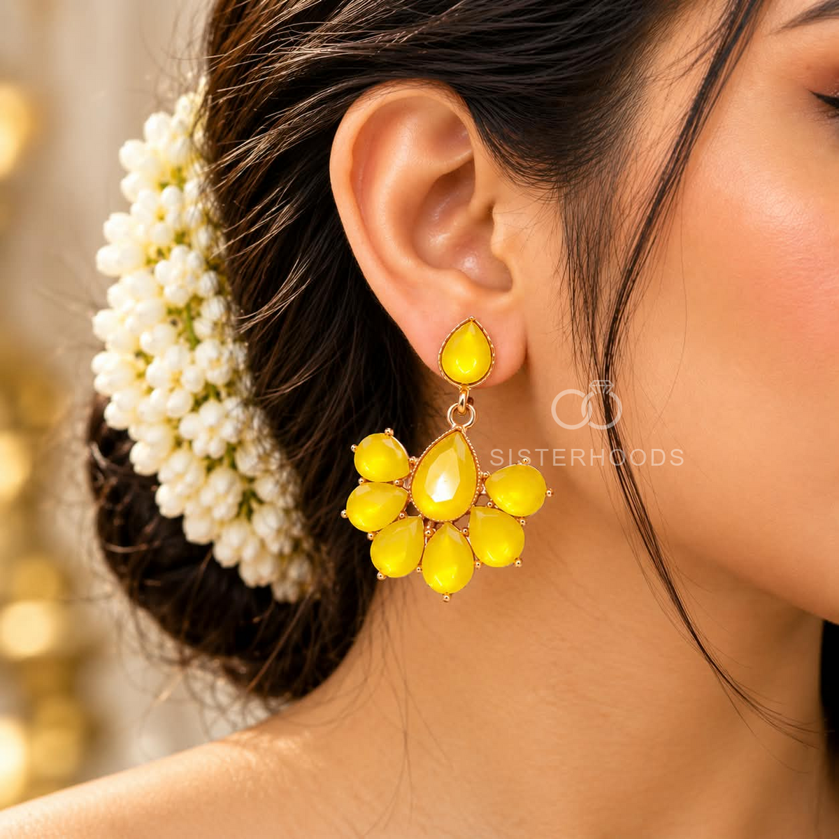 Yellow floral dangle earrings with faceted teardrop accents | SISTERHOODS-SHA256:ecd3299554f7a701c26585d10eff8bd47bbb9af9386384ca78e977c30d242632