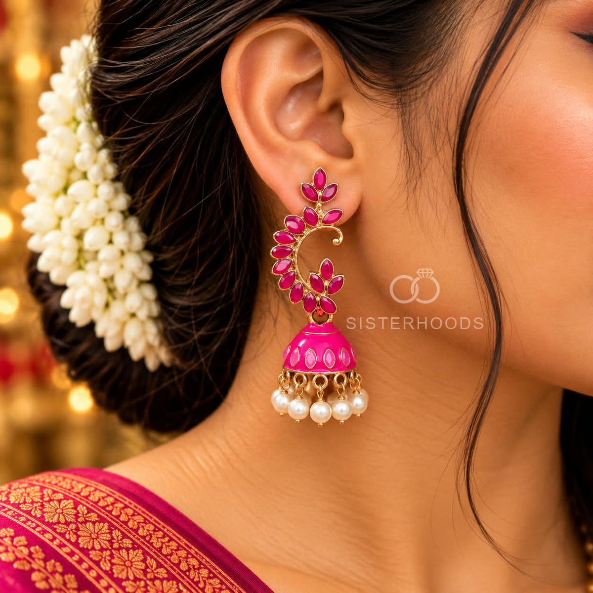 Pink floral jhumka earrings with curved detailing and white hanging beads | SISTERHOODS-SHA256:422bae459d7256bcba5f315ce584c9c053f4345039d9f4ab5a840cf2eb3276d3