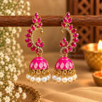 Pink floral jhumka earrings with curved detailing and white hanging beads | SISTERHOODS-SHA256:97e241f391b47417ad537da06faec447d0a61cf33b786c462c7ee43755edc0df