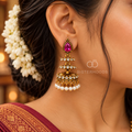 Gold-tone traditional jhumka earring with pink teardrop accent, clear stone details and white pearl fringe | SISTERHOODS-SHA256:7fce602241d90ae48570d2487bc10dc5d137e4c395c02094eeaa6920f41478d0