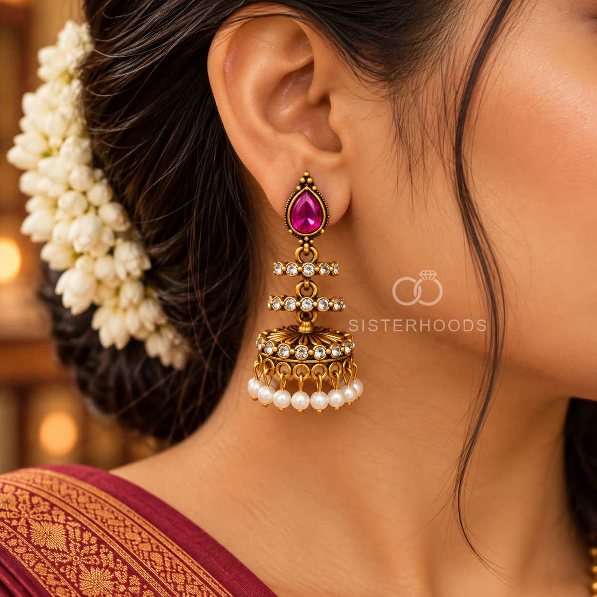 Gold-tone traditional jhumka earring with pink teardrop accent, clear stone details and white pearl fringe | SISTERHOODS-SHA256:7fce602241d90ae48570d2487bc10dc5d137e4c395c02094eeaa6920f41478d0