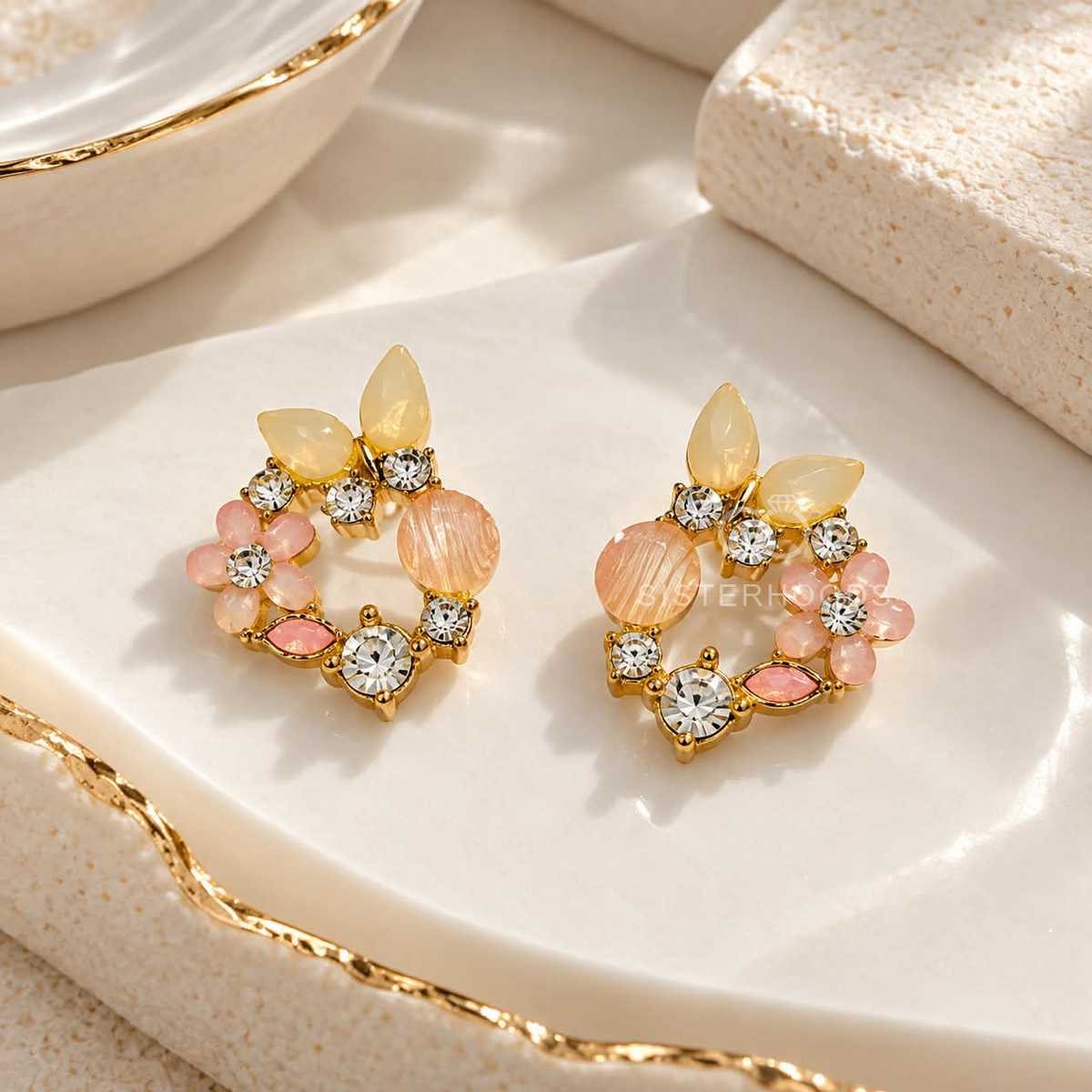Multicolour floral stud earrings with peach, pink, yellow and clear faceted accents | SISTERHOODS-SHA256:c2595721eb45cd812d3216f8bf4b6b21d5c523507406b277b6845d0c55fc39df