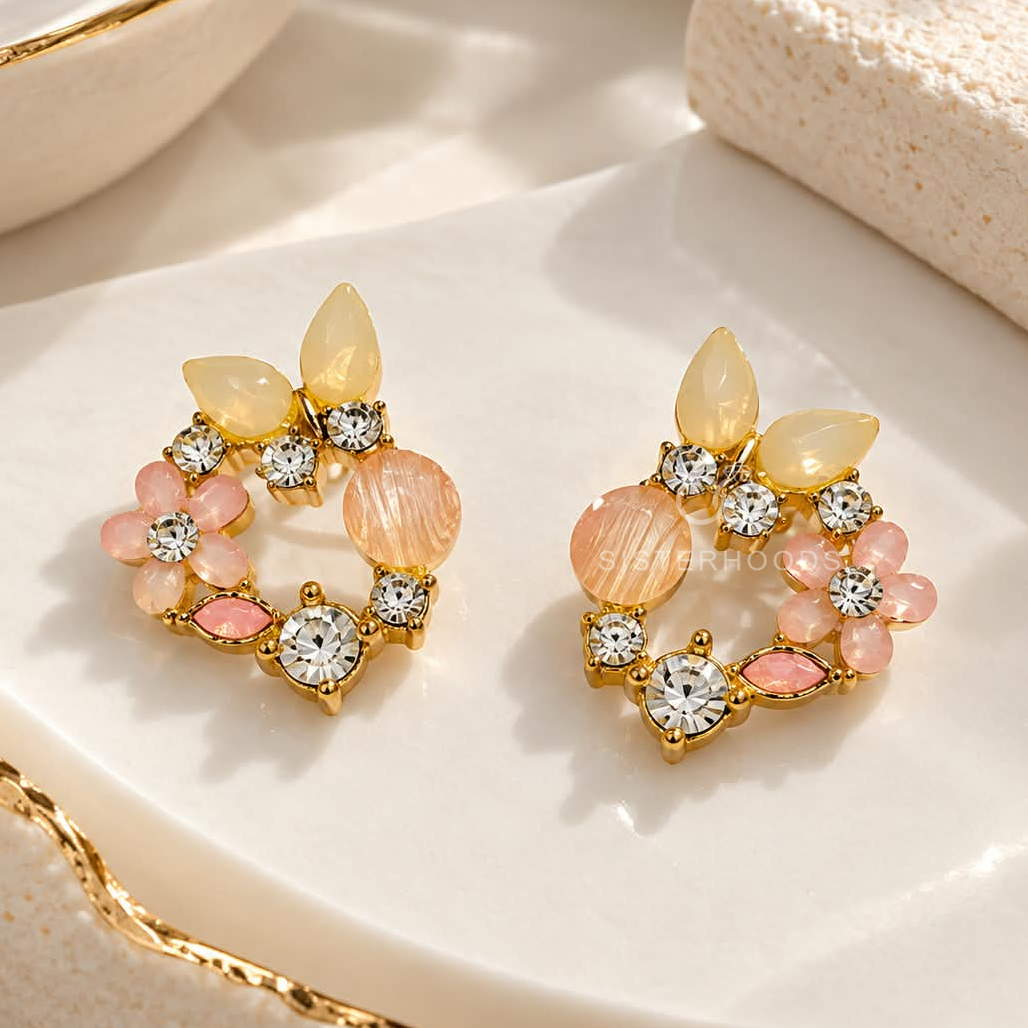 Multicolour floral stud earrings with peach, pink, yellow and clear faceted accents | SISTERHOODS-SHA256:a017ea29fe4e5b3861a87b36b2c697a866a4c764352305a729675c9575836830