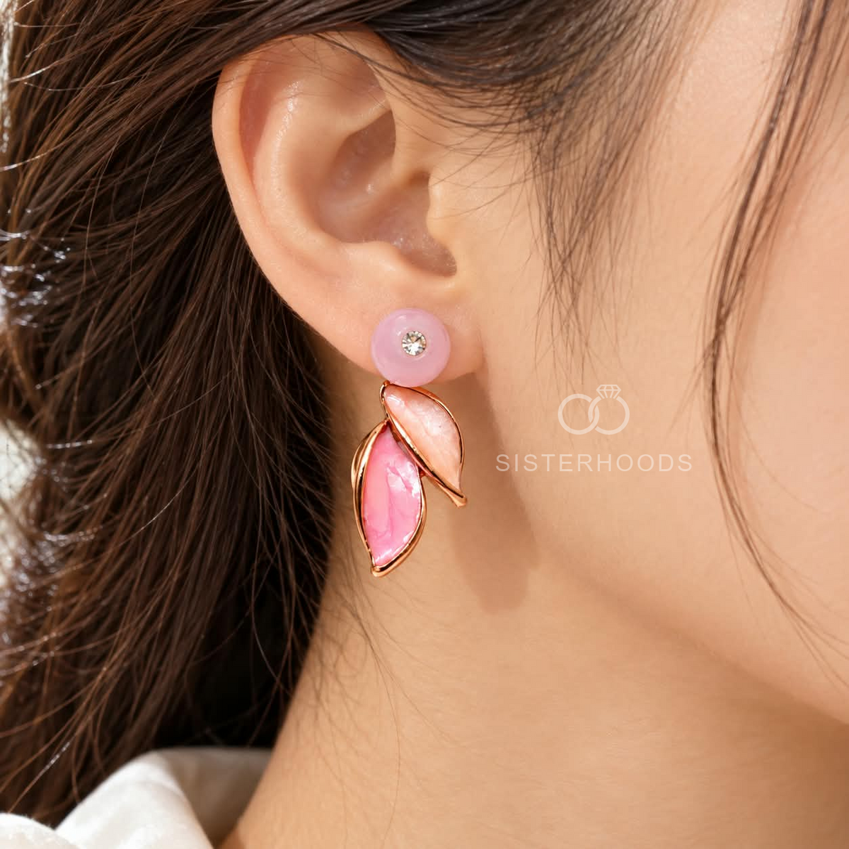 Pink layered leaf dangle earrings with sparkling centre accents | SISTERHOODS-SHA256:02c84c1ec4b3b67b76f6bb58950a2a8c0c76939fb2c385b1df7e9a43da7b47cd