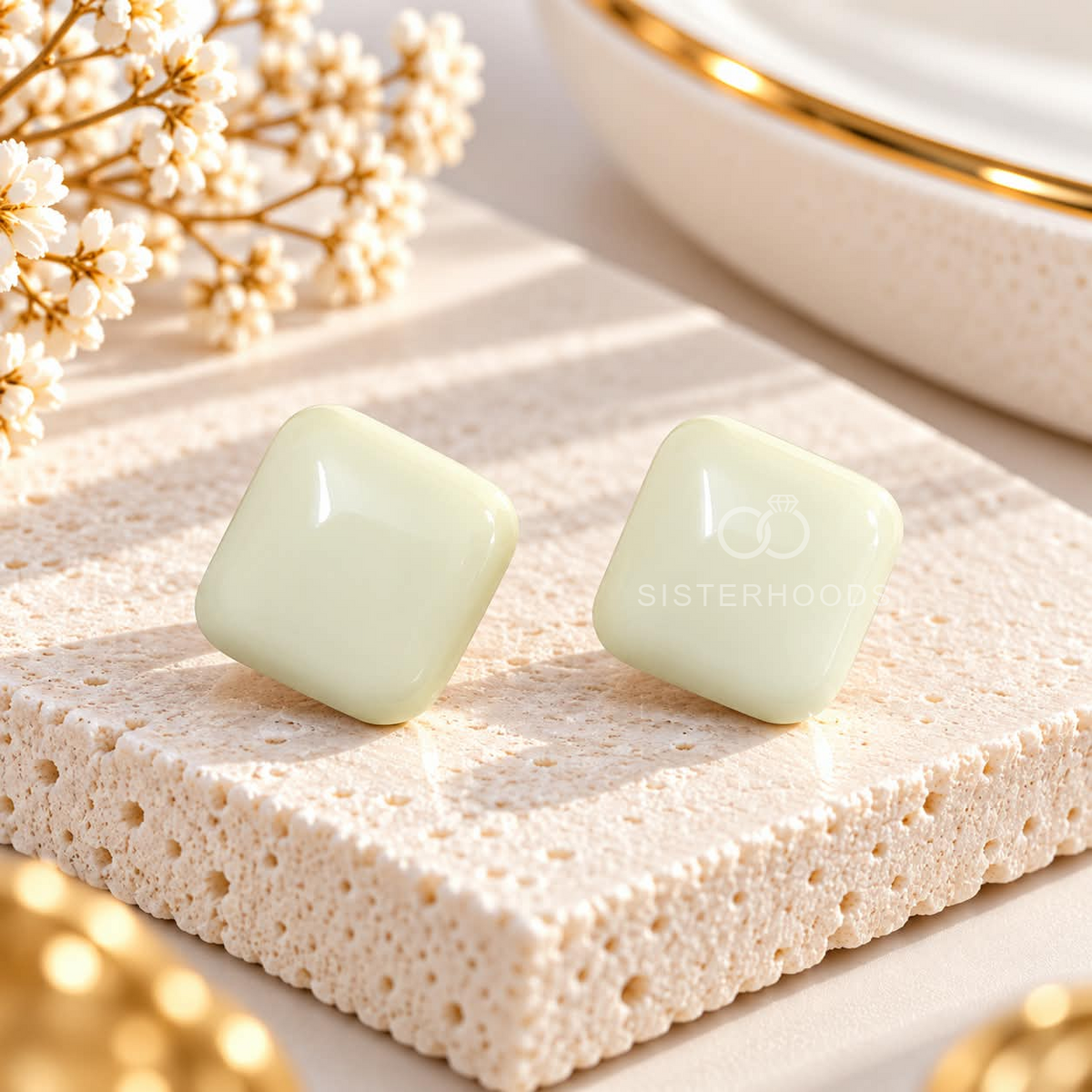 Pair of pale green rounded square stud earrings | SISTERHOODS-SHA256:824d4a80dab67b5fdd9a6b0a80eea6125c122ab6e3fd6dd7278647b21c9ee80b