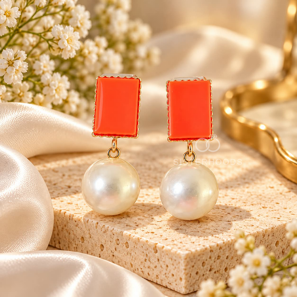 Red rectangular earrings with large white pearl drops | SISTERHOODS-SHA256:39c99c46411f6f35470ed39d02179452e9f9eeb63da6f044ece1d8bdc356c677