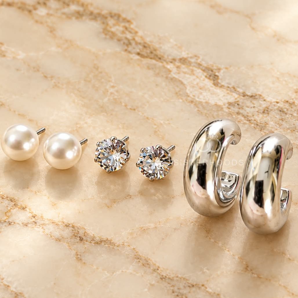 Three pairs of pearl, crystal and silver-toned stud earrings | SISTERHOODS-SHA256:38b5d4c6271a621a3f7e04106573de636b319da0f1af9ecc93a2cecad47390e5
