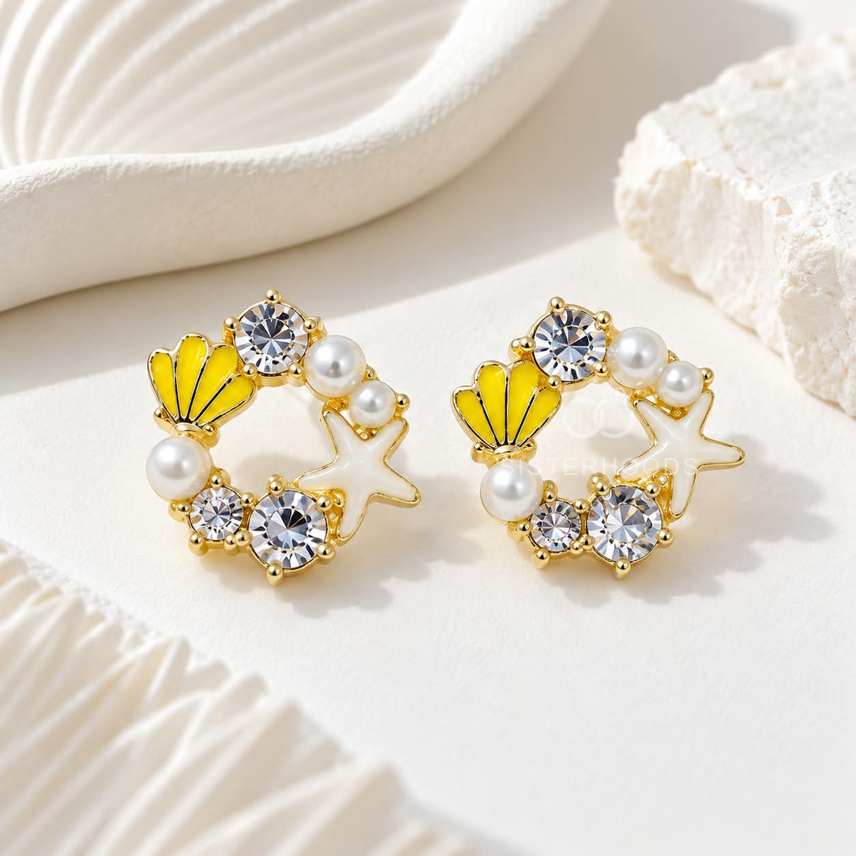 Gold-tone statement earrings with pearls, seashells, starfish and sparkling accents | SISTERHOODS-SHA256:c0403e7a4021e41afb799e6b13a5feceea1ab6891653c7d94585e194b18ed2ea