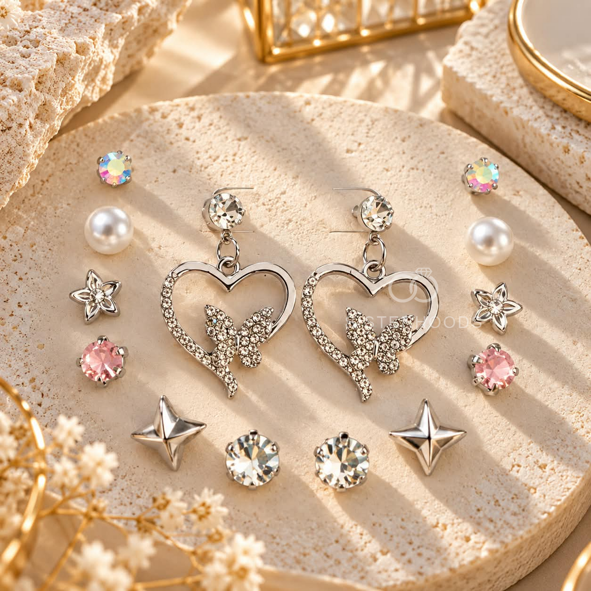 Mixed silver-tone earring set with heart, butterfly, pearl, floral, star and colourful faceted designs | SISTERHOODS-SHA256:5e5a39151ef170a5ba61e49c3c1d436d0d700f5dc58b62f1be88075e6cf9c1fe