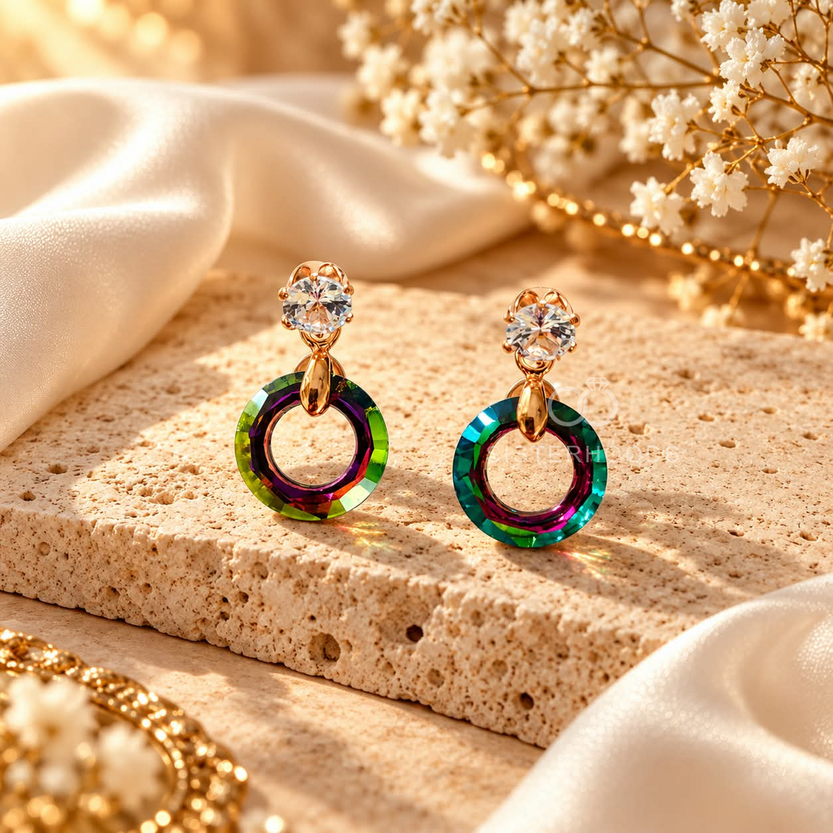 Gold tone dangle earring with a clear faceted top and multicolour circular drop | SISTERHOODS-SHA256:c689b9fdf2b1850e43526314ad94973a0f67cdc0e9b3c91c3f746032326105bf