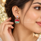 Square red and green botanical Korean drop earrings with faceted clear studs | SISTERHOODS-SHA256:fcf8d2db0a226ffd3440517cba5bb425dab0835f56106768a7dea992e6ce4068