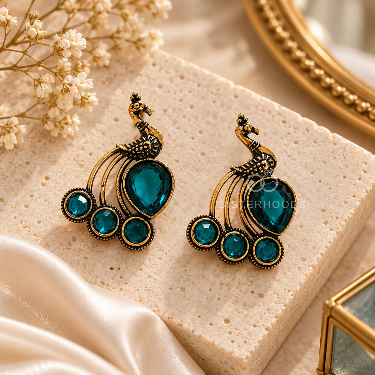 Ornate peacock motif dangle earring with teal accents and black detailing | SISTERHOODS-SHA256:b1b6a194ac2475b85fb6f3c7dc40933439f1f7db18d8fe53598e7f9173e8369d