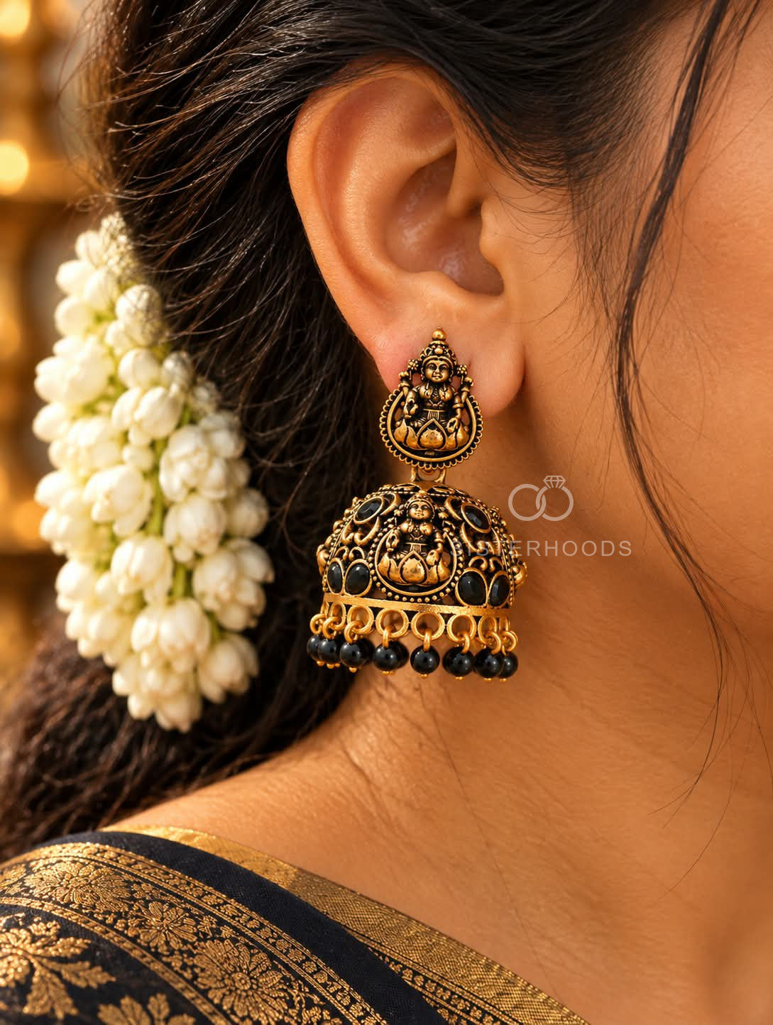 Oxidized temple motif jhumka earrings with black bead drops | SISTERHOODS-SHA256:9e026a064f5d3e9ff8f40785c8f59fadfb21effc473f9c3ed7cfb5f1863ba630
