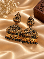 Oxidized temple motif jhumka earrings with black bead drops | SISTERHOODS-SHA256:150c15aacd1437d322a94001c4327d7ebf4ce2e95b551b9d161f077c6e1fdea6