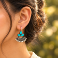 Turquoise three-stone oxidized jhumka earrings with a detailed silver-tone fan drop | SISTERHOODS-SHA256:18380c4f506aedec71eb6d559fa785af8772f069dd8c31d3fd7afc57f0cf9076