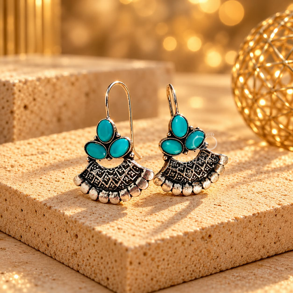 Turquoise three-stone oxidized jhumka earrings with a detailed silver-tone fan drop | SISTERHOODS-SHA256:63e8f1716211c22c501563201610caa08b3c9fe54594db10156802ef54afe34c