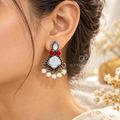 Oxidized dangle earrings with red, white and bead fringe accents | SISTERHOODS-SHA256:f590ca9c620a173eeb254231f887498704a7a1f7db3349d69eab77daccef3dd0