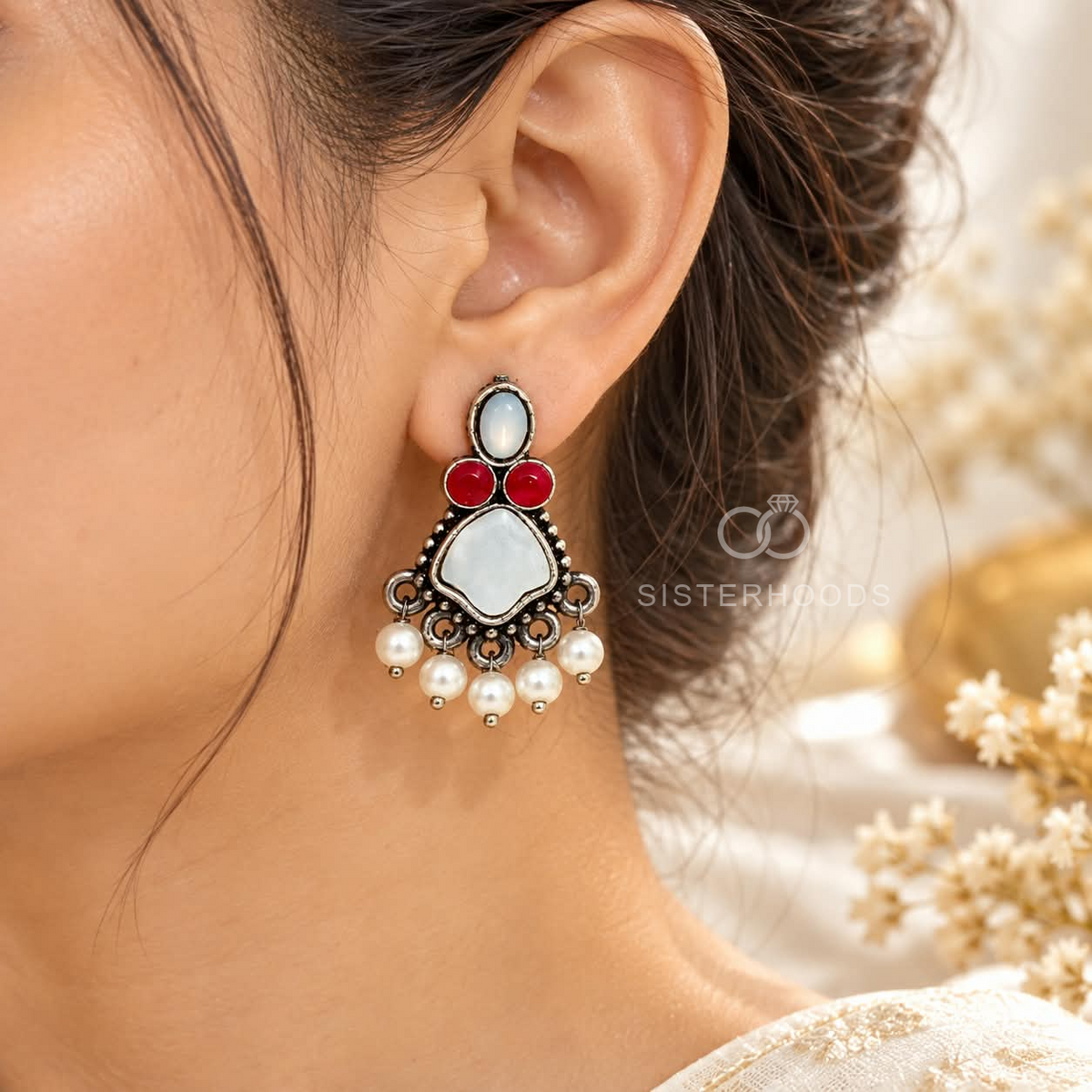Oxidized dangle earrings with red, white and bead fringe accents | SISTERHOODS-SHA256:f590ca9c620a173eeb254231f887498704a7a1f7db3349d69eab77daccef3dd0