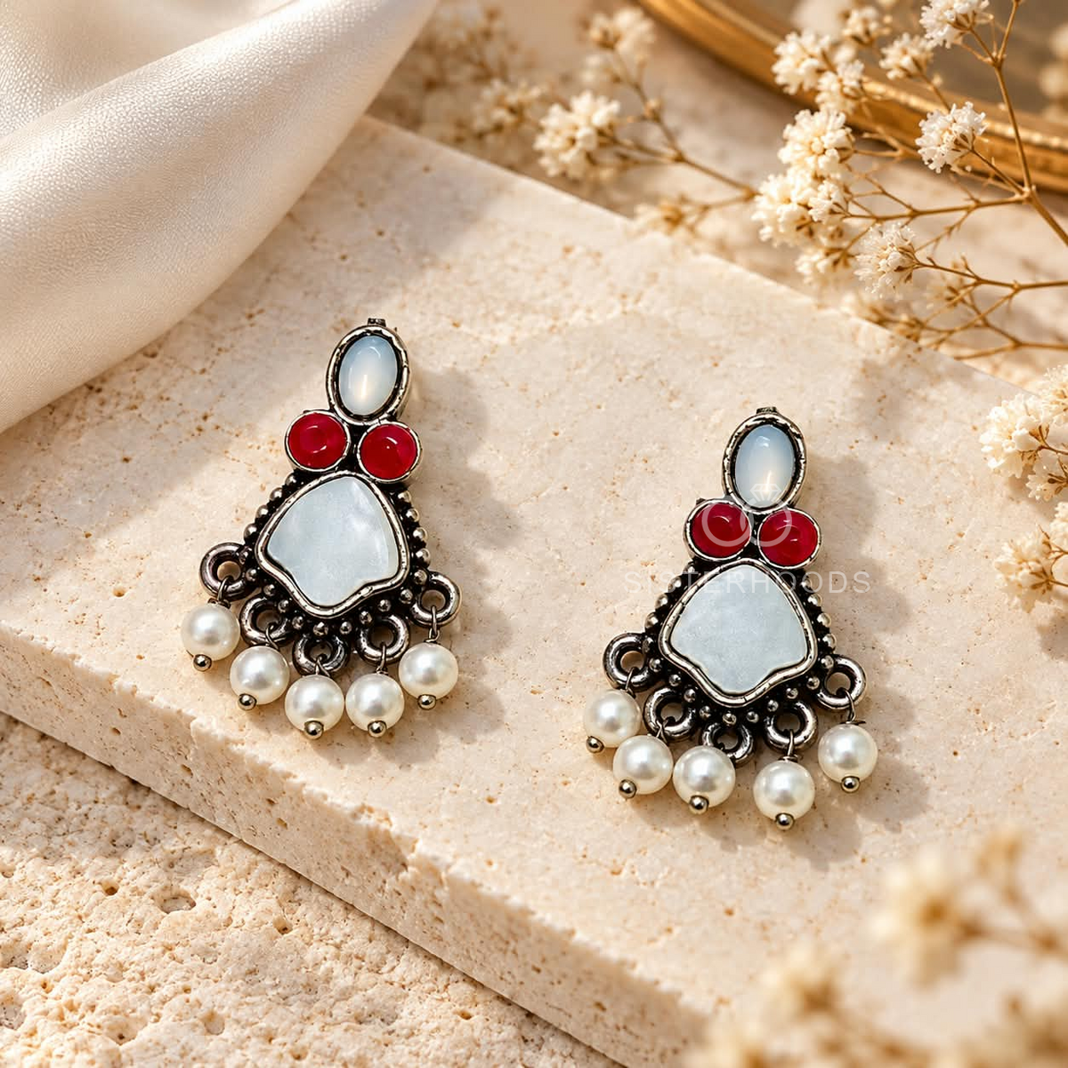 Oxidized dangle earrings with red, white and bead fringe accents | SISTERHOODS-SHA256:68e5d4476e080791ae8ae1136e98f930de7656a1892e7d6e23edc9ea5be4071a