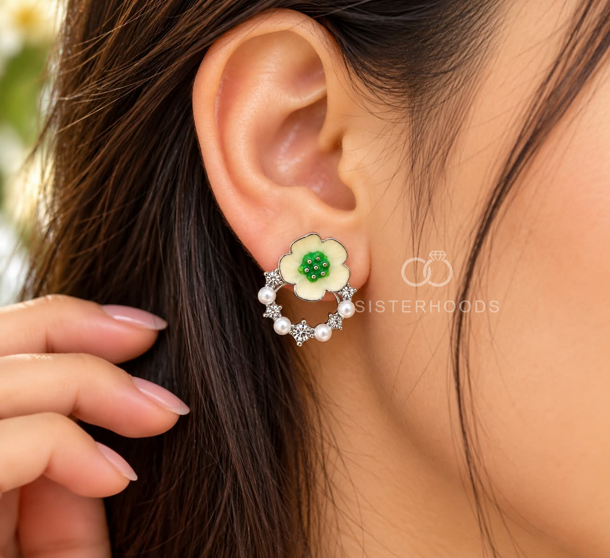 Floral stud earring with green centre, ivory petals and white beaded circular drop | SISTERHOODS-SHA256:ac00eff89022ccc265fd3bf398e1d3ec5cb2a6b1648578c6f9a4163b90b02858