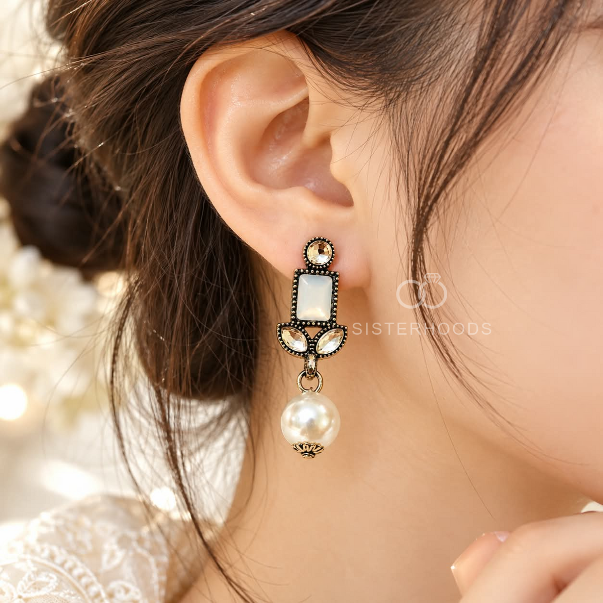 White accent oxidized geometric dangle earring with leafy details and a round white bead | SISTERHOODS-SHA256:5ba6030097241765d50515ec679a5eb6684cdf59bf7d80b10dcc781d8ff81e87