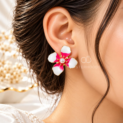 White Pearl Flower Stud Earrings