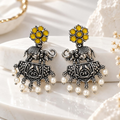 Oxidized elephant motif jhumka earrings with yellow stones and pearl drops | SISTERHOODS-SHA256:5206c60607267ffd0177d22925d83c3a55045bd4b3c882cf90f5f2fa8135152b